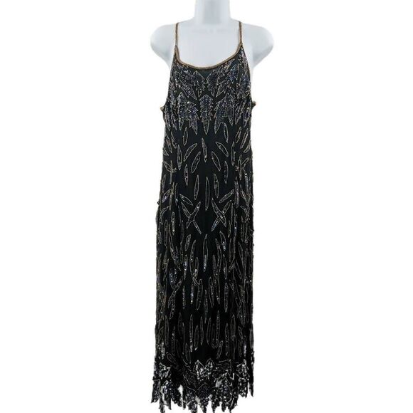 Vintage Black Silk Dress with Iridescent Beaded Leaf Design and Fringe Hem | Tag - Picture 1 of 4